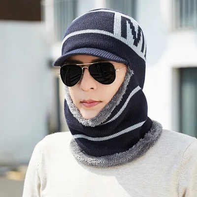 Skullies Beanies мужской шарф вязаная шапка мужская плюс warm шапка теплая шерсть толстые зимние шапки для мужчин и женщин шапка бини - Цвет: Navy blue