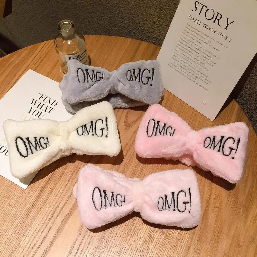 Мягкие фланелевые повязки на голову с бантиком и надписью OMG для женщин, тюрбан, повязка для волос, повязка на голову для мытья лица, головные уборы для девочек, аксессуары для волос