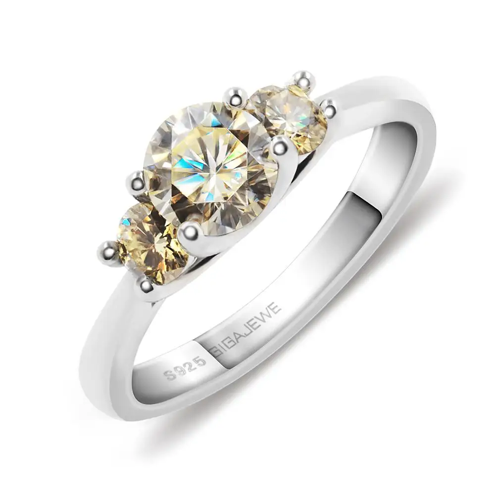 GIGAJEWE Moissanite 1ct 5,5 мм+ 2X3,5 мм круглая огранка желтого цвета 925 Серебряное кольцо золотое многослойное покрытие модный подарок для девушки
