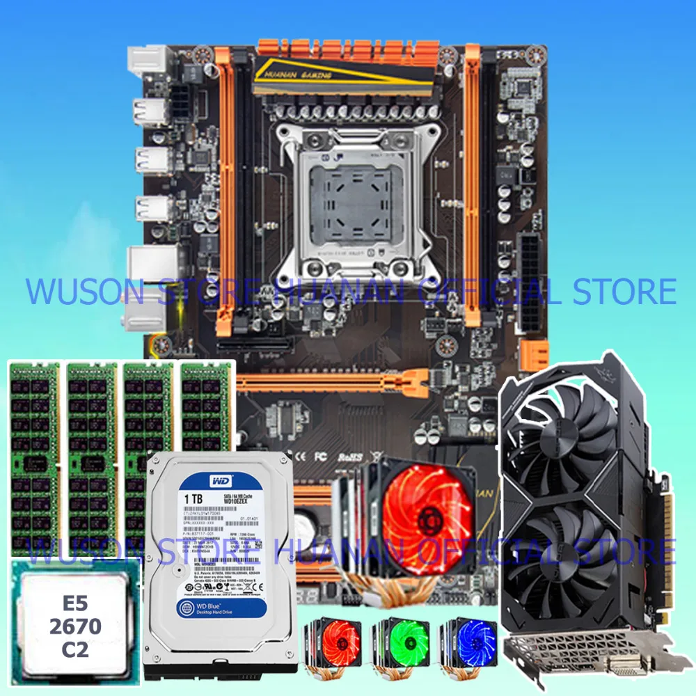 Материнская плата HUANAN deluxe X79 процессор E5 2670 C2 С 6 тепловыми трубками кулер оперативная память 16 г DDR3 RECC 1 ТБ SATA HDD GTX1050Ti 4 г видеокарта