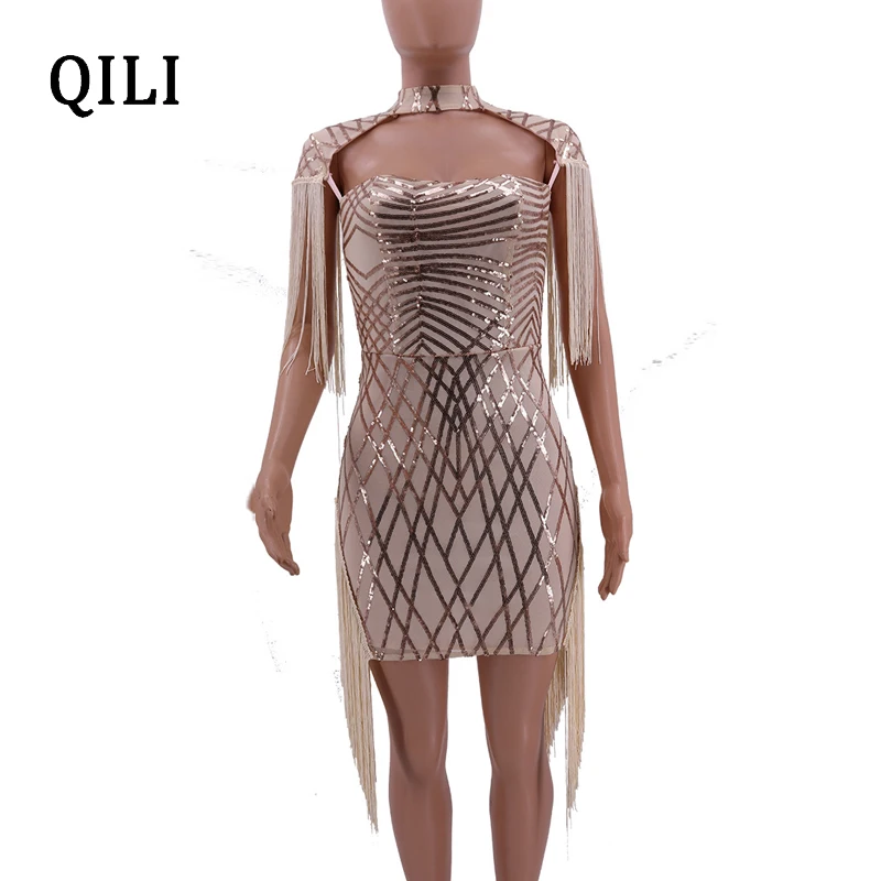 QILI 2019 новое платье с блестками и бахромой красные черные Хаки сетчатые Лоскутные