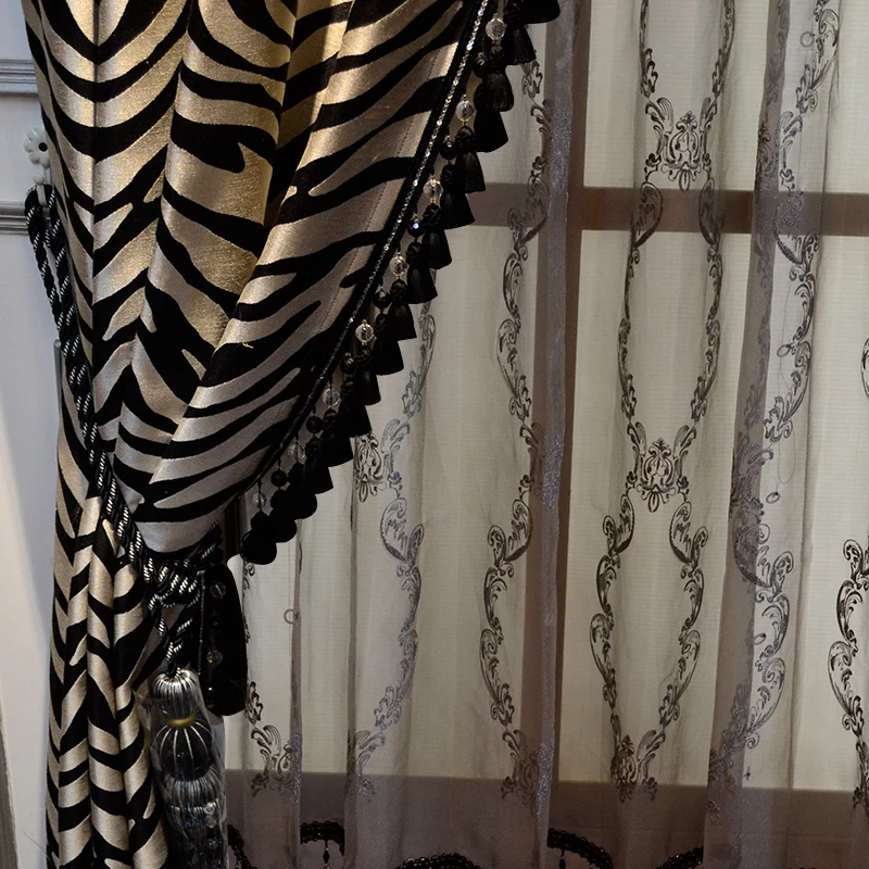 Модные черные и серые полосатые леопардовые оконные шторы для гостиной пышные
