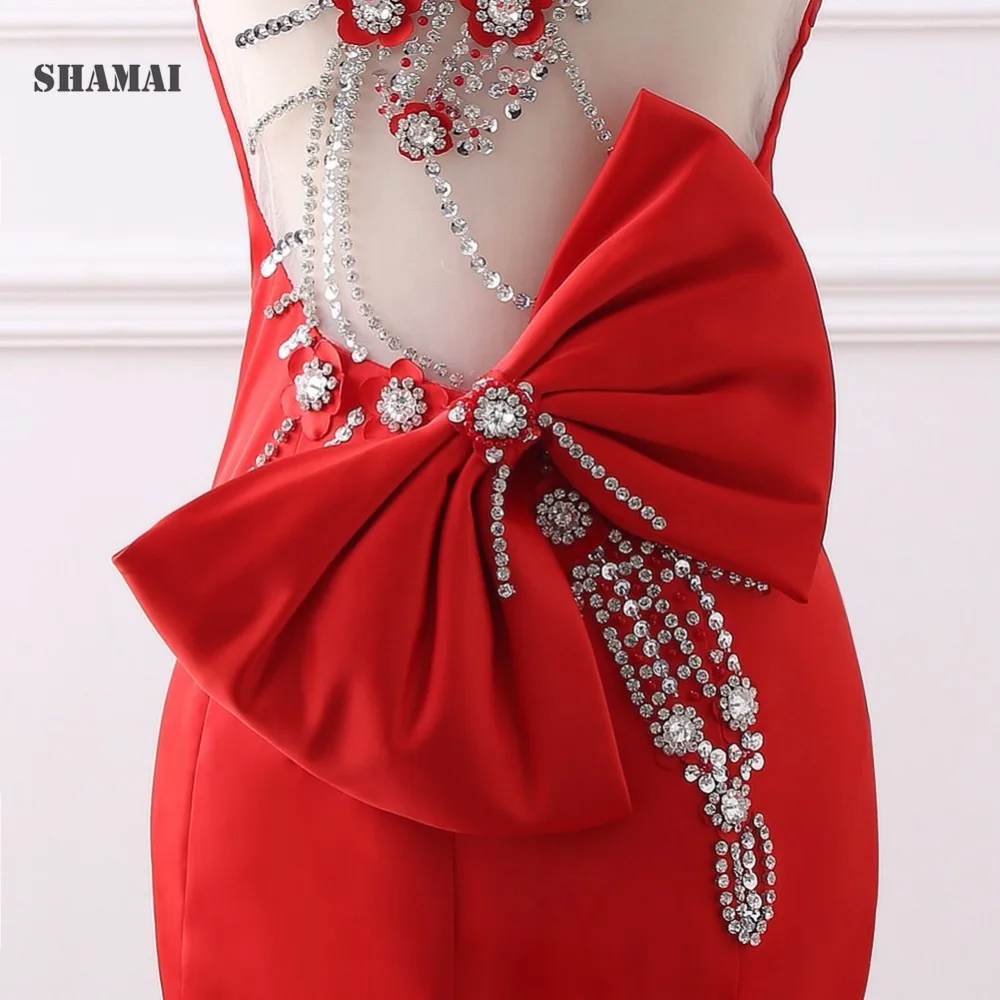 

SHAMAI Custom Made Red Flowers On Evening Dresses Trumpet Mermaid Crystal Beading Formal Occasion Party Gowns Bow Prom Dress