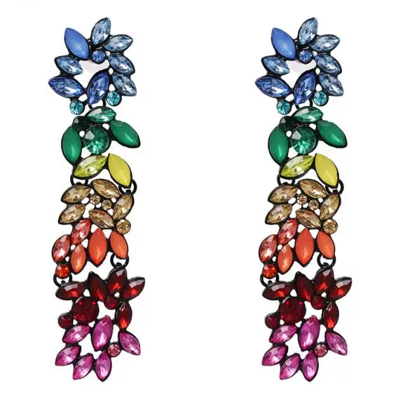 Multi color JUJIA трендовые Радужный цветной кристалл длинные висячие серьги для женщин, вечерние, подарок, модное ювелирное изделие, разноцветные свисающие серьги - Окраска металла: Multi color