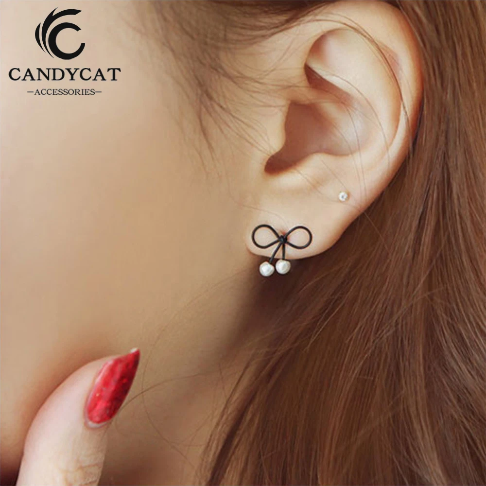 

Trendy Pearl Stud Earrings For Women Exquisite Black Bow Knot Ear Nail Simple Korea Studs Fashion Jewelry Party Gifts Wholesale