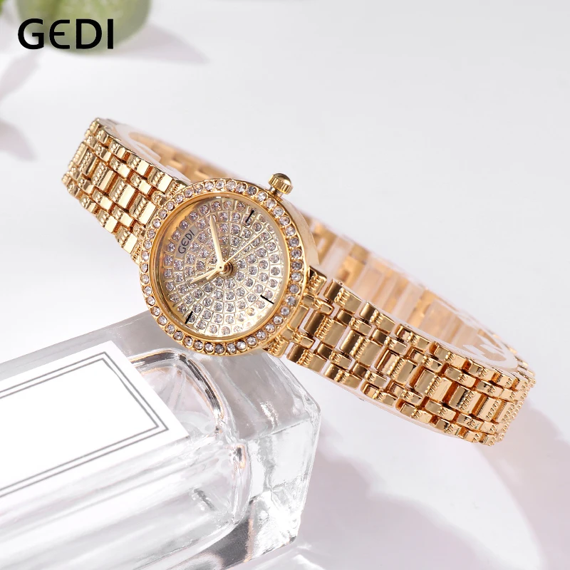 GEDI для женщин кварцевые часы Мода Bling повседневное женские золотые наручные с