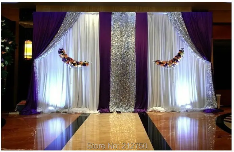 Экспресс Бесплатная доставка белый + фиолетовый Блестящий Свадебный фон шторы