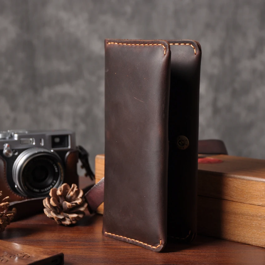 

Handmade Vintage Crazy horse Genuine Leather Wallet Men Purse Leather Men long Wallet Clutch Bag Male Money Clips phone case