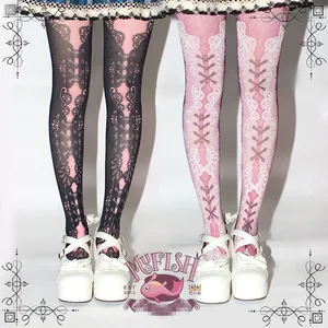 Колготки принцессы Сладкая Лолита корсет викторианская печать сексуальный кружевной корсет черные готические винтажные колготки с принтом LWK04