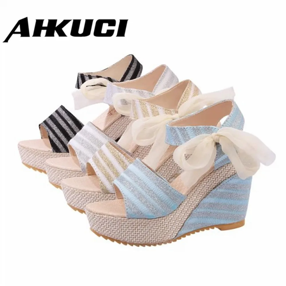 Летние Полосатые Повседневная толстая подошва Бабочка Луки рыбий рот женские