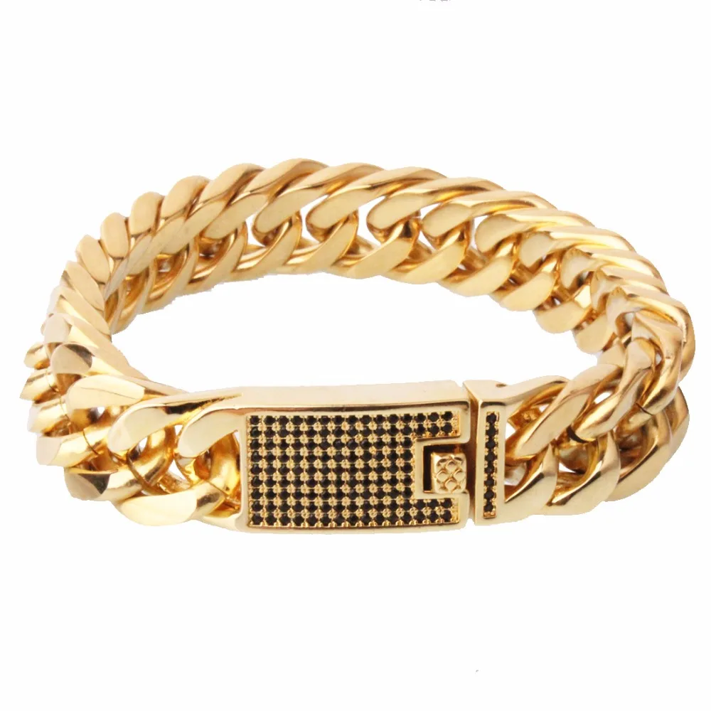 15mm Wide Gold Color Crystal Stainless Steel Buckle Miami Curb Cuban Link Chain Bracelet&ampNecklace Men's Jewelry Set | Украшения и