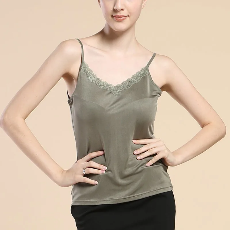 Women Silk Camis 100% Pure Silk Knit Womens Lacy V Neck Camisole Tank Top Bottoming Shirt Size M L XL XXL