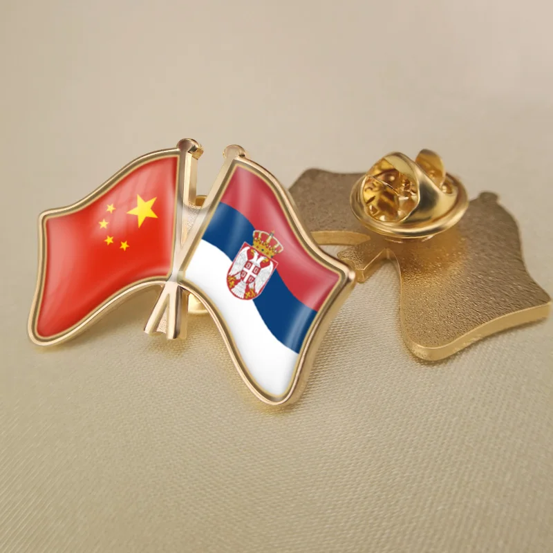 

China and Serbia Crossed Double Friendship Flags Lapel Pins Brooch Badges