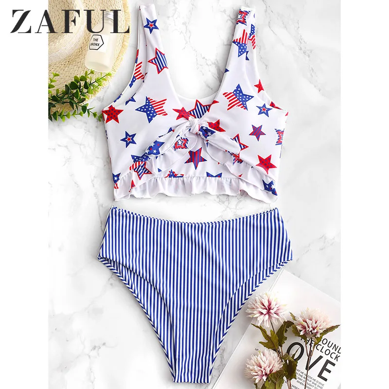 

ZAFUL Bikini American Flag Tied Plunging Tankini Women Beach Swimwear Push Up High Waisted Bikini Padded Ruffles Swimsuit