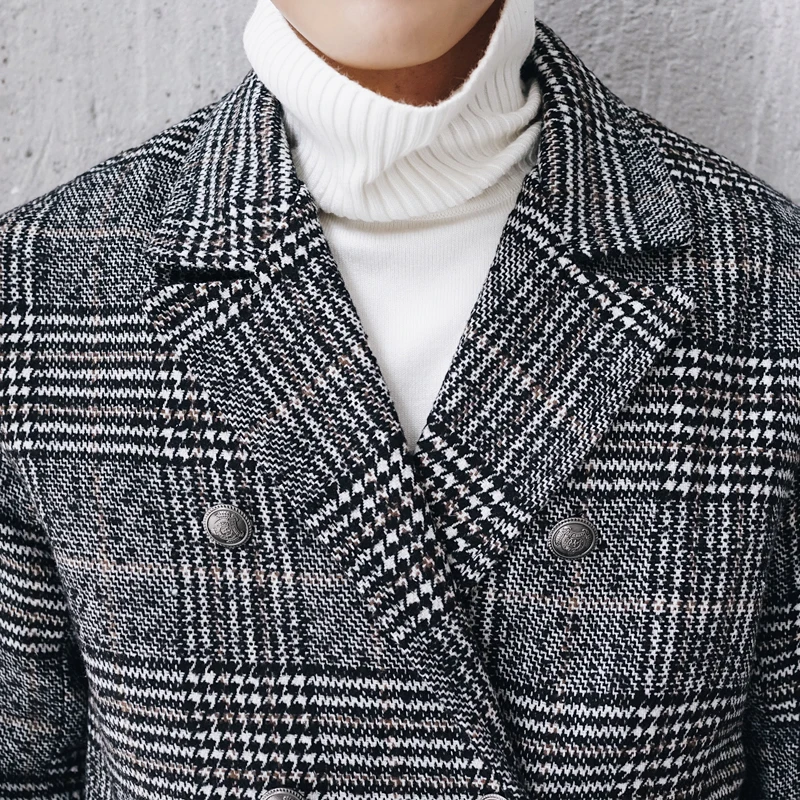 New Winter Double-breasted Plaid Wool Coat Men Loose Blends Windbreaker Fashion Vintage Tartan Long Men's Outerwear DS50825