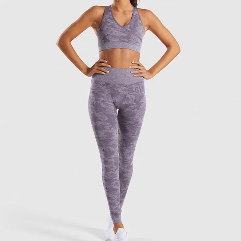diyun Purple Set Новое поступление, спортивный женский комплект из 2 предметов для фитнеса, сексуальный бесшовный топ с v-образным вырезом и бретельками, Хорошие эластичные леггинсы, спортивные костюмы с принтом - Цвет: diyun Purple Set