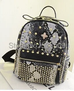 Fashion Travel Backpack Snake Skin Punk Rivet Bag Cool Leather shoulders bag | Багаж и сумки