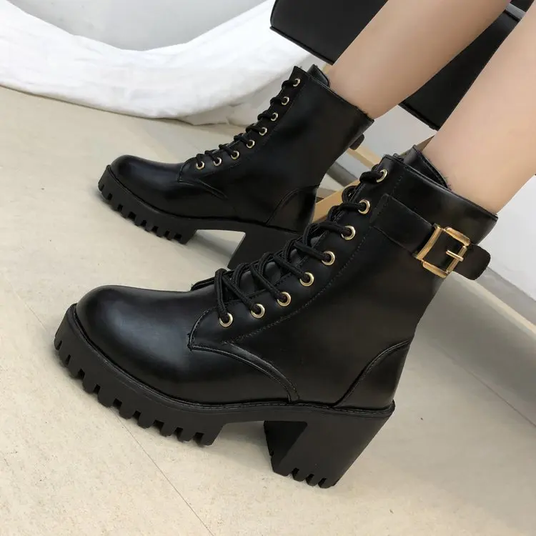 Женские ботинки мартинсы NAUSK кожаные с высоким берцем на осень и зиму 2018|Женские