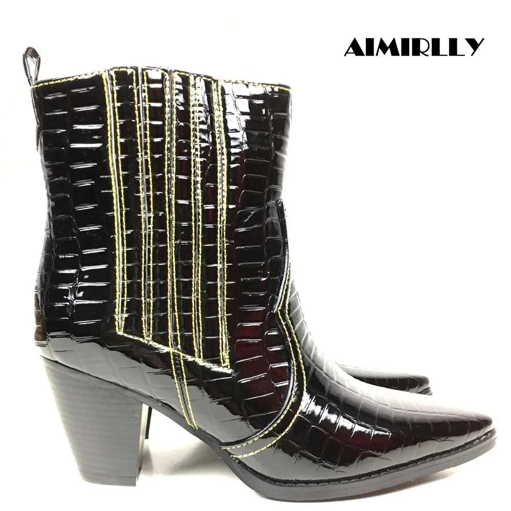 

Women's Ankle Boots Square toe Block Heel Crocodile Print Cowboy Booties Black Winter Autumn Female Footwear Shoes Slip On