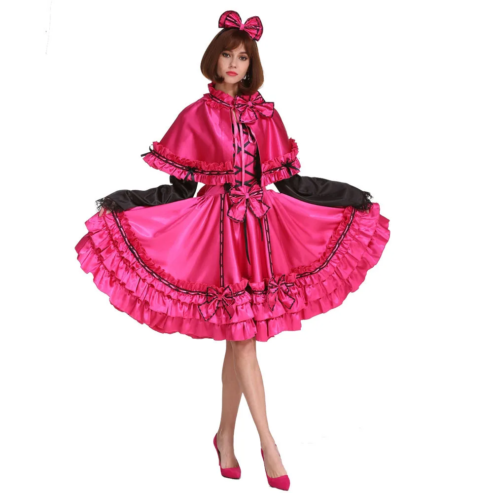 

Sissy Vintage Rose Red Satin Crossdress Uniform Three Different Outfints Style In One Cosplay Costume