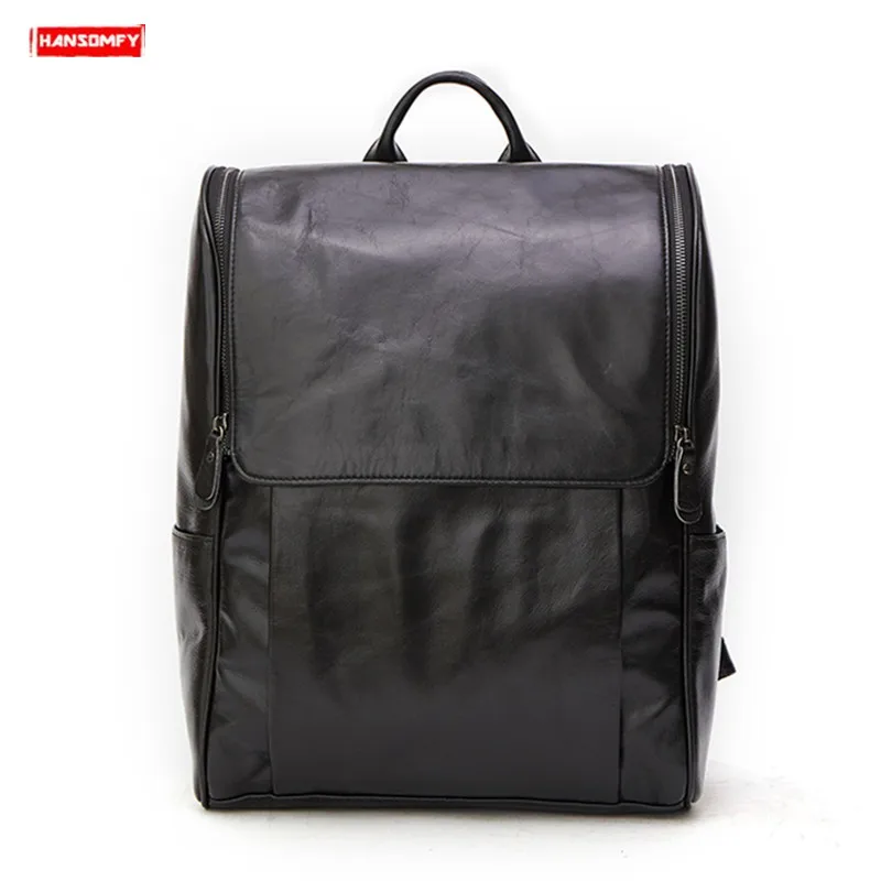 

New Genuine Leather Men's Backpacks Casual Men 15.6 Inch Laptop Bag Travel Backpack Black Large Capacity Cow Leather backpacks