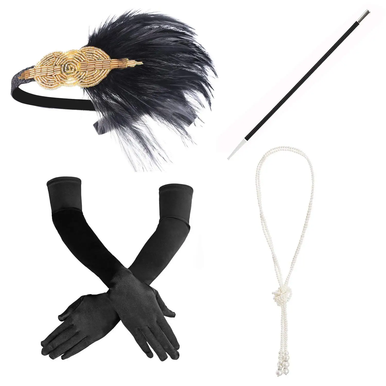

4 Pcs/Set 1920s Great Gatsby Party Costume Accessories Set 20s Flapper Feather Headband Pearl Necklace Gloves Cigarette Holder