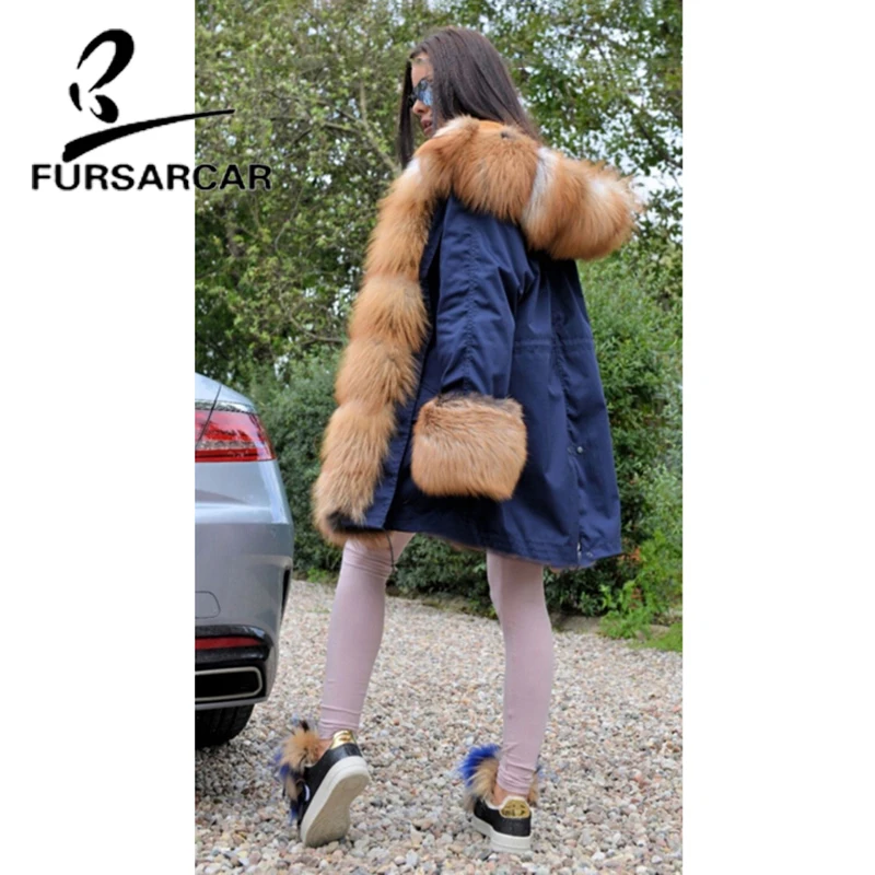 FURSARCAR Luxury Real Fur Coat Parka Women With Big Gold Fox Fur Trim Hood And Cuff Winter Thick Warm Fur Parka High Quality