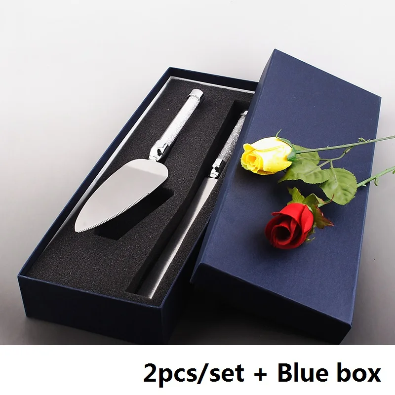 2pcs in Blue box 2 шт., набор ножей для свадебного торта, серебряная Лопата для пиццы, элегантные столовые приборы из нержавеющей стали, очки, акриловые, кристаллические, вечерние, подарок - Цвет: 2pcs in Blue box