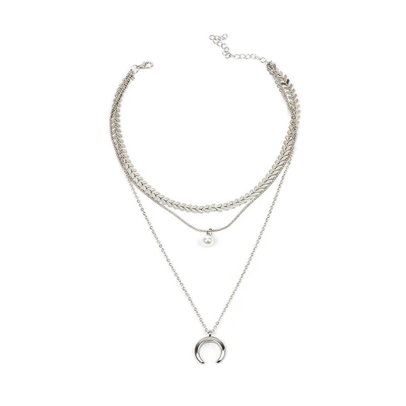 

Lvytide Triple chain layer arrow chain necklace Imitation pearl and crescent moon charm Delicate necklace Set of 3 necklace