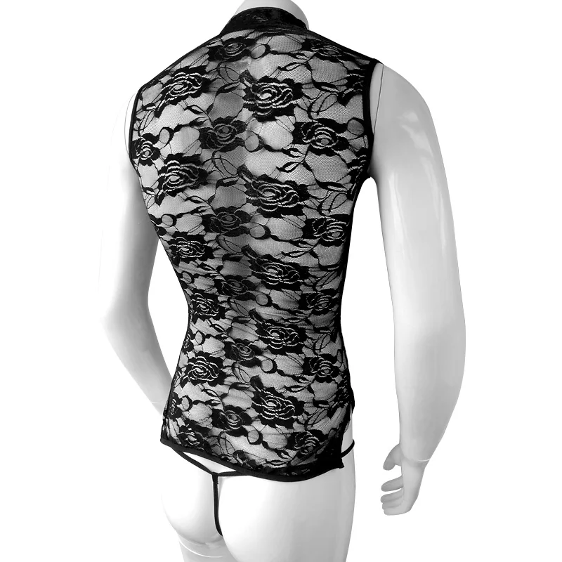 Сексуальное мужское нижнее белье без рукавов Сетчатое кружевное платье с