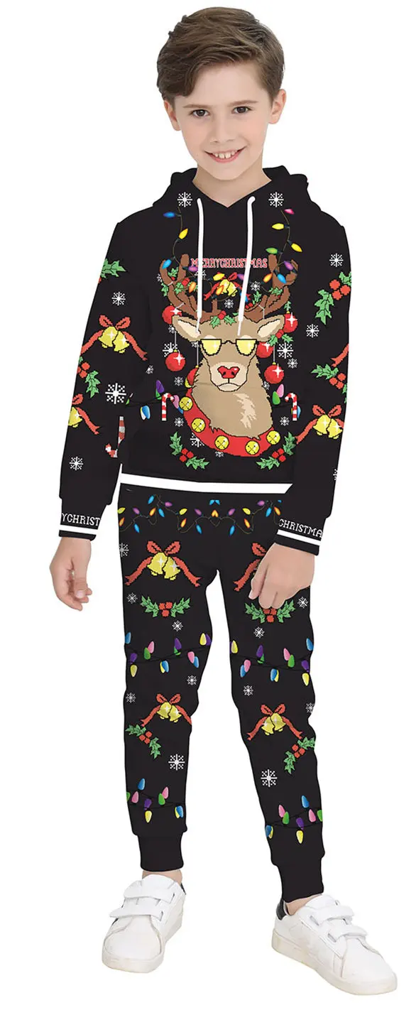 hoodies set with hat Костюм Санта Клауса детская одежда новогодний Рождественский костюм для мальчика Олень 3D печать толстовки кофты Необычные Косплей - Цвет: hoodies set with hat