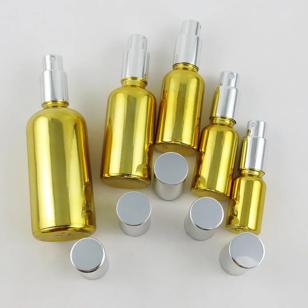

10 x Refillable Empty UV Gold Glass Essence Bottle with Sprayer 10ml 20ml 30ml 50ml 100ml 1oz 1/3oz 1/2oz Glass Contaienrs