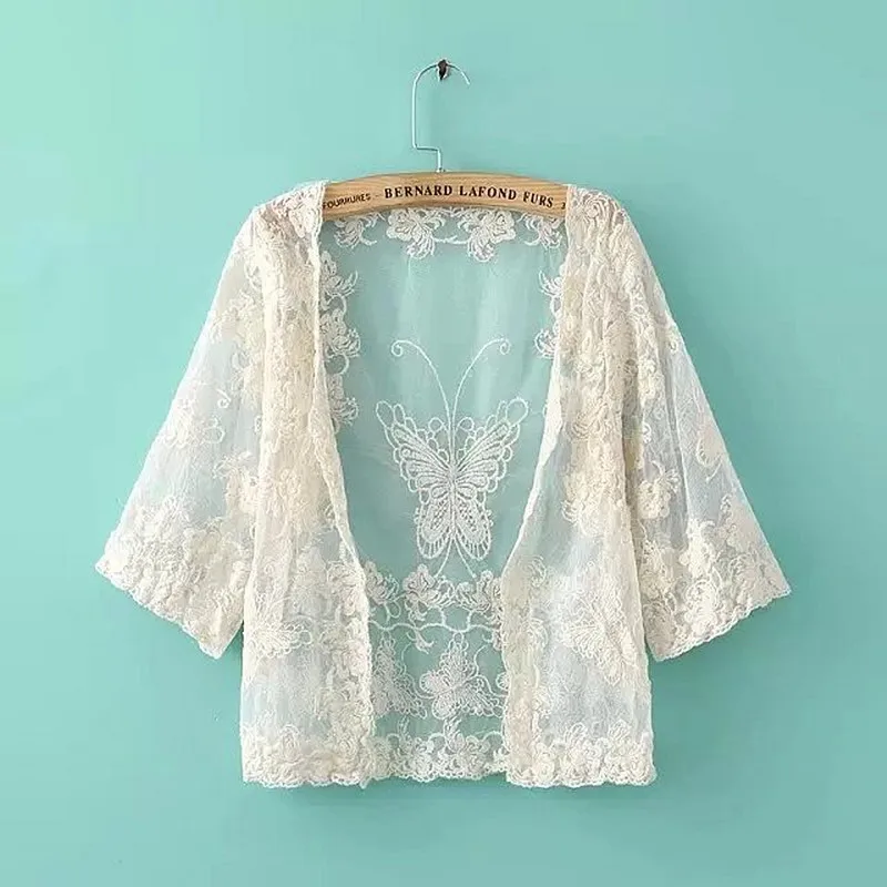 

Thin summer short cardigan fashion ladies knitted sweater sun-proof cover up cute flower butterfly embroidered lace cardigan