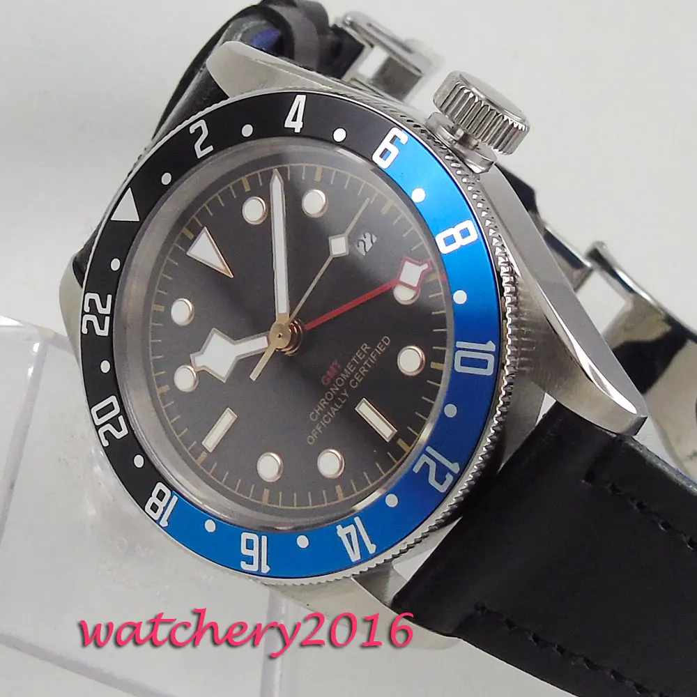 41 мм стерильный циферблат сапфировое стекло черный и синий вращающийся ободок GMT