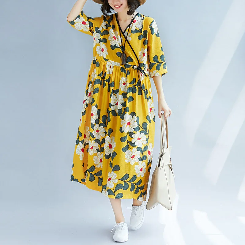 

2019 Summer New Loose Large Size Women's Cotton and Linen To Cross The Literary Contrast Color Waist Temperament Long Dress