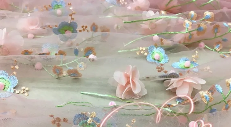 Маленькая свежая мягкая сетка 3D Цветочная вышитая кружевная ткань с бисером для украшения одежды женское платье ткань для штор D643