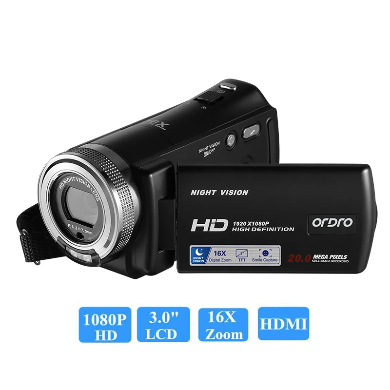 

[ Authorized Distributor ] Ordro V12 FHD 1080P 3 inch Touch Sceen 20MP Night Vision 16X Zoom DV Camera Digital Camcorder HDV V12