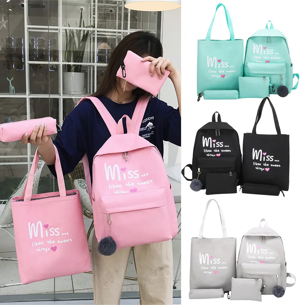 

Fashion 4PC Canvas Backpack Women Letter School For Girls School Bag High Quality College Backpack 2019 Mochila Mujer Sac A Dos
