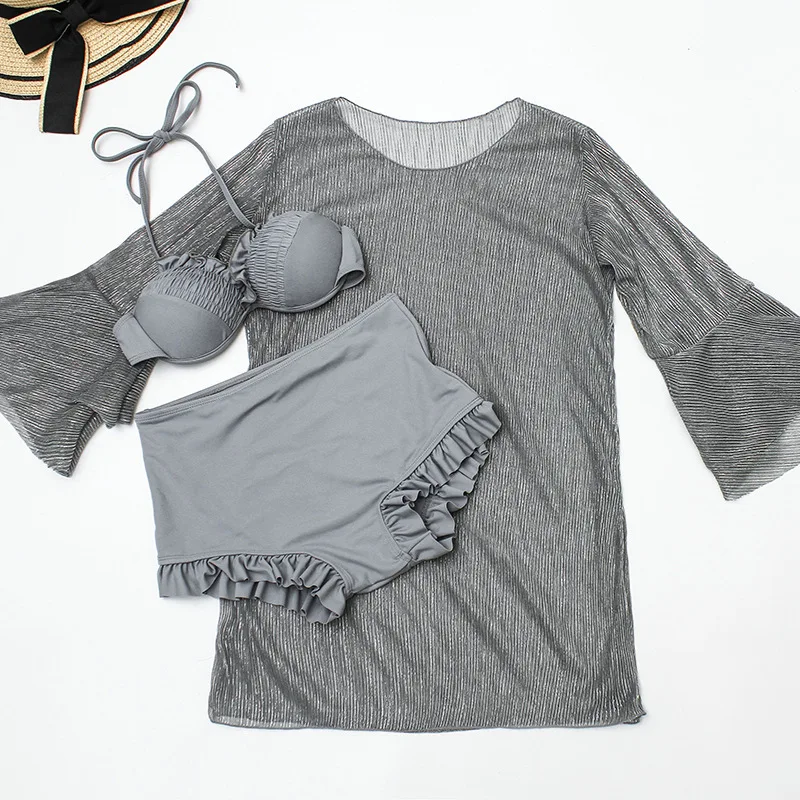 Новинка 2019 Женские однотонные бикини с пуш ап из трех предметов комплекты для