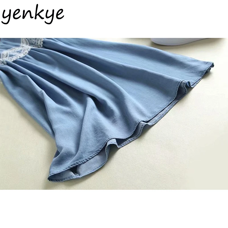 Женское джинсовое платье с кружевной отделкой повседневное мягкое круглым