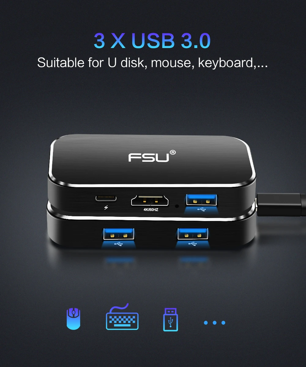 Usb-концентратор FSU 4K 60HZ USB C на HDMI адаптер 100W зарядка PD 3USB 3,0 разъем для MacBook huawei mate 20 P20