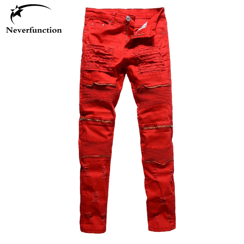 

Men's fashion red white black holes ripped pleated biker jeans moto Casual slim stretch Knee zipper destroy denim pants trousers