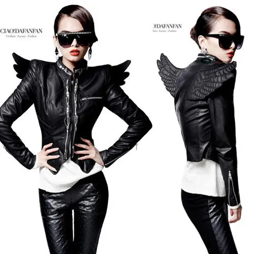 Spring Wings Stand Collar Long-sleeve Coat Slim Motorcycle Outerwear Punk Zipper Short Leather Jacket Clothing Women Costumes