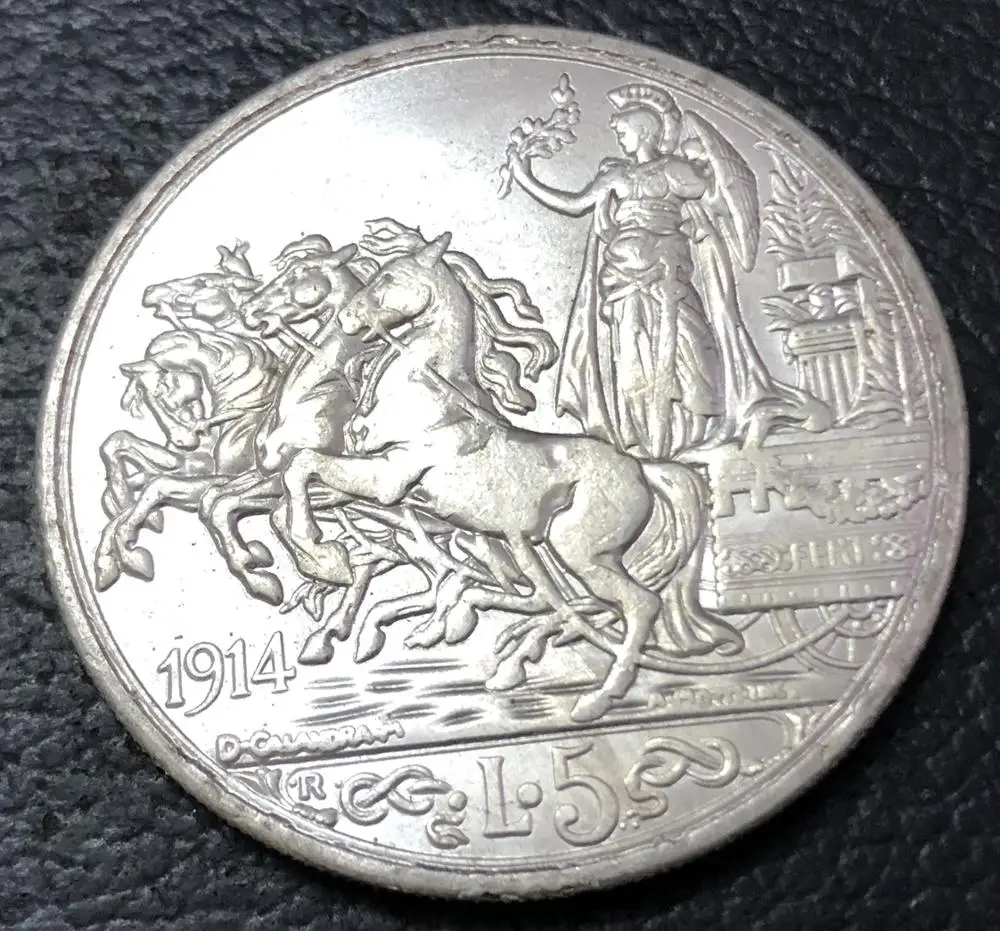 1914 Италия 5 Lire-Vittorio Emanuele III Посеребренная монета