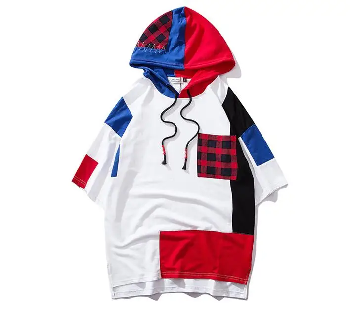 Модная футболка с капюшоном в стиле Харадзюку цветным блоком Мужская летняя