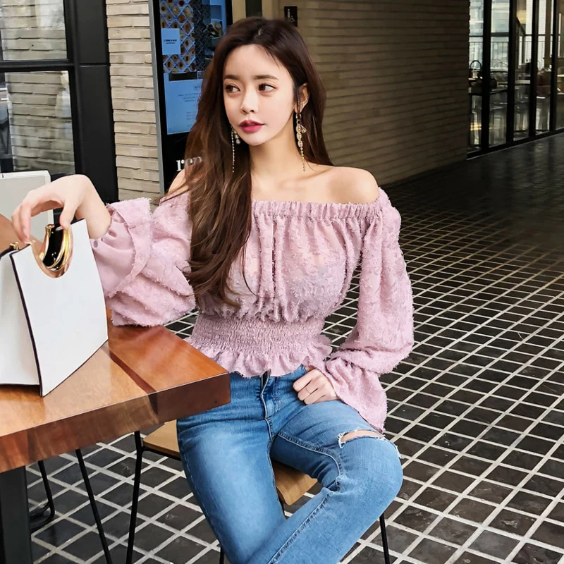 Elegant Slash Neck Off-Shoulder Bottoming Shirt Women 2019 Summer Stretch Elastic Flare Sleeve Female Tops Sweety Casual Clothes |
