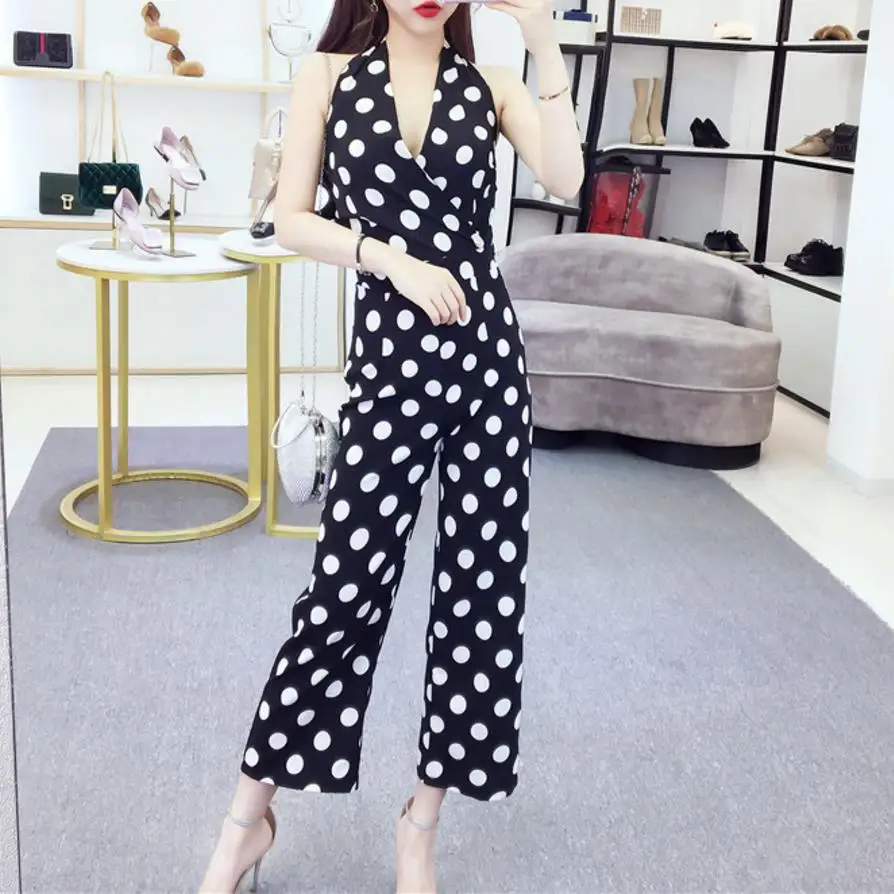 \ Моды горошек Комбинезоны Для женщин Холтер рукавов v образным вырезом