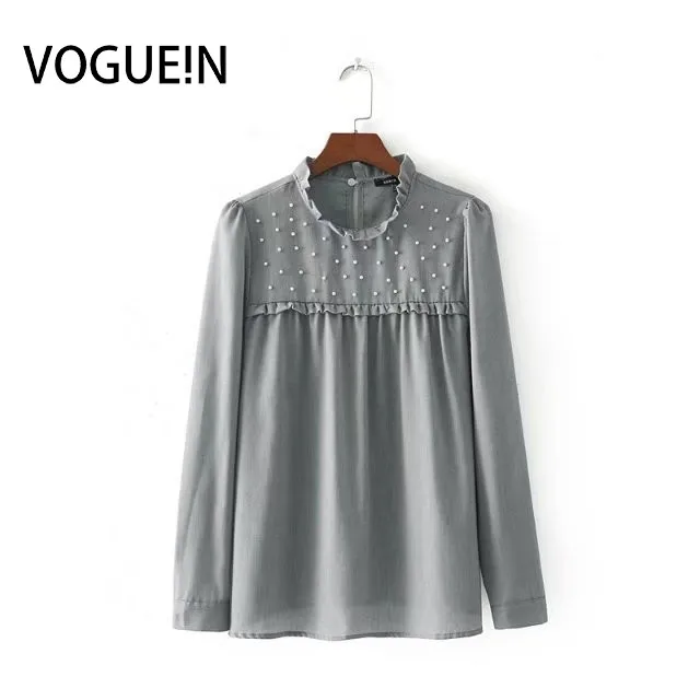 Voguein Новая женская серый жемчуг украшения с длинным рукавом Ruffed деталь легкий