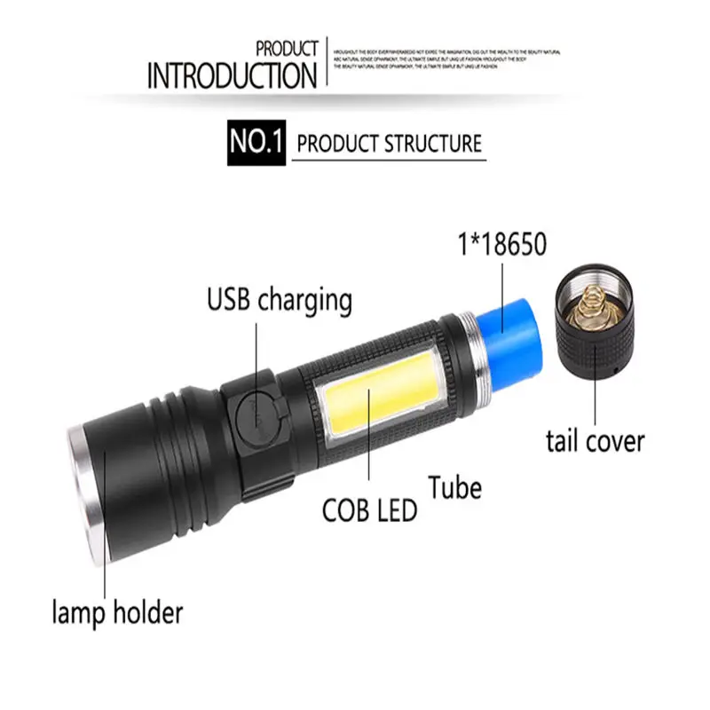 Портативный увеличительный 8000лм XML T6 COB светодиодный USB Перезаряжаемый фонарик