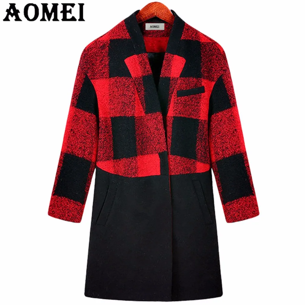Red and Black Plaid Woolen Coat for Women Winter Spring Fashion Ladies Office Outerwear Overcoat XXXXXL 4XL Peacoat with Button | Женская
